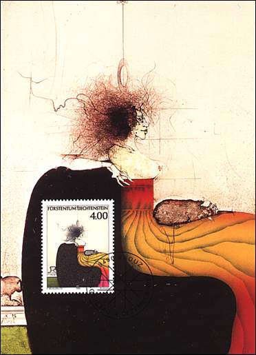 1995, Liechtenstein. Paul Wunderlich, Dame mit Schosshund (Lady with the Lap Dog, Sc. 1067