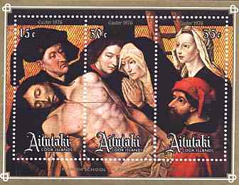 Aitutaki, 1976. Scott 121-123. Descent from the Cross. Flemish School, 16th Century. Virgin Mary, disciples and body of Jesus, Mary Magdalene