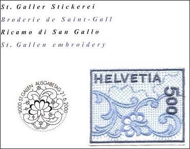 Switzerland, 2000. Embroidery stamp and the first day cancel