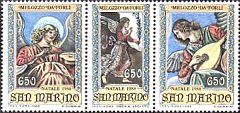 San Marino, 1988. Angel with Violin (Vatican), Melozzo da Forli, The Archangel Gabriel (Uffizi), Angel with madonna (Vatican). Sc. 1168-70 a.