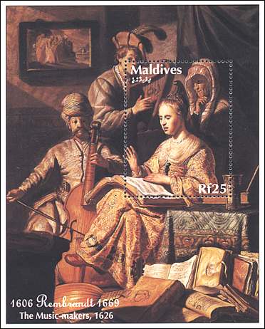 Maldives, 1994. Rembrandt, The Musik makers, 1626. Sc. 1942 A.