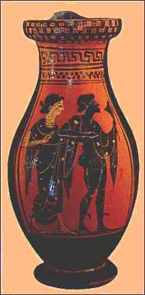 Attic olpae, or wine vessel, with Dionysian themes