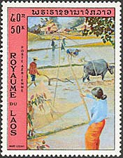 Laos, 1972. Marc Leguay, Workers in Rice Field. Sc. C96.