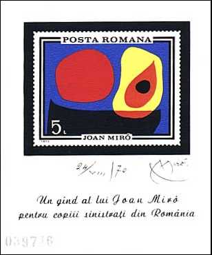 Romania, 1970. A thought of Joan Miro for the children, flood victims. Scott 2217