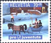 Switzerland, 2000. Pro Juventute. A. Manser, Santa Claus on a Sledge.