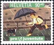 Switzerland, 2000. Pro Juventute. A. Manser, Boy with Umbrella.