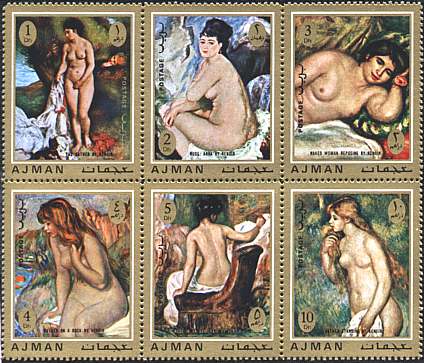Ajman, 1971. Renoir, Nudes. Mi. 853-858. The Bather, Anna, Naked Woman Reposing, Bather on a Rock, Nude in a Armchair, Bather Standing