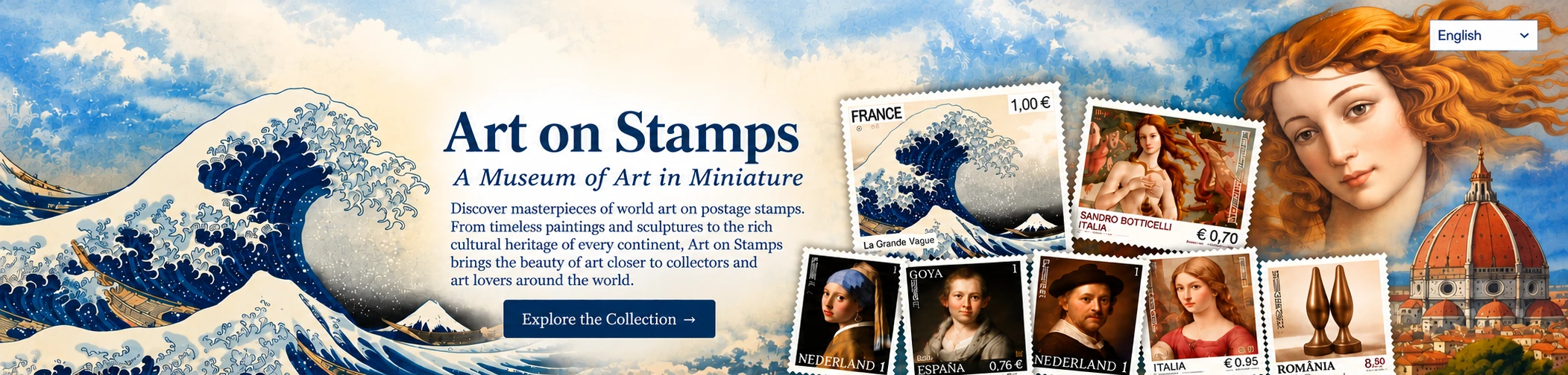 Art on Stamps — wave, paintings and postage stamps