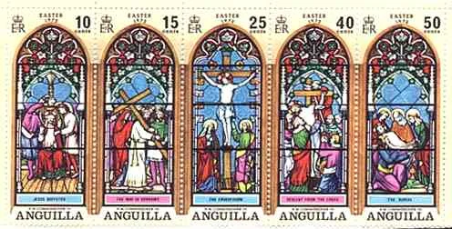 Anguilla, 1972. Scott 140-144. 19th century Stained-glass window, Bray Church. 10c. Jesus Buffeted. 15 c. Jesus Carrying Cross, 25 c. Crucification, 4
