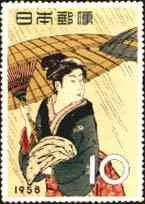 1958. Woman with Umbrella, woodcut by Kiyonage