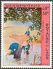 Laos, 1972. Marc Leguay, Women and watter buffalo in rice field. Sc. C97.