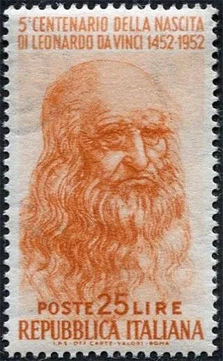 Italian Leonardo da Vinci commemorative stamp, 1952, enlarged view
