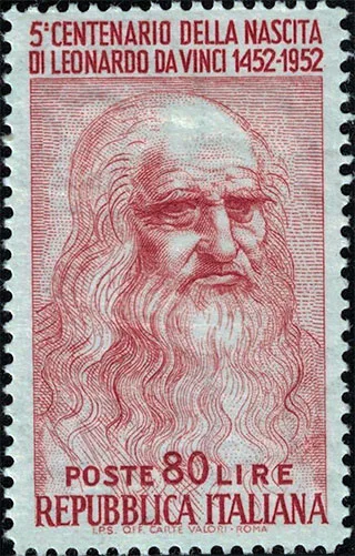 Italian Leonardo da Vinci commemorative stamp, 1952, enlarged view