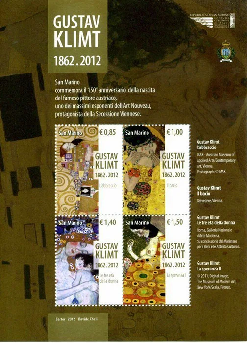 Paintings of Gustav Klimt on Postal Stamps — original stamp illustration