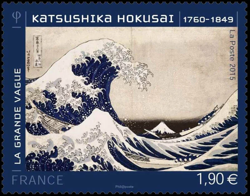 Complete French postage stamp depicting Hokusai’s The Great Wave off Kanagawa