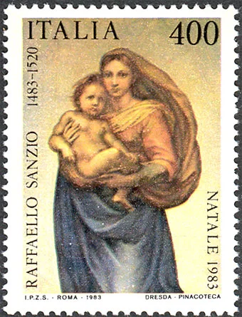 The Colors of Sistine Madonna on Stamps — original stamp illustration