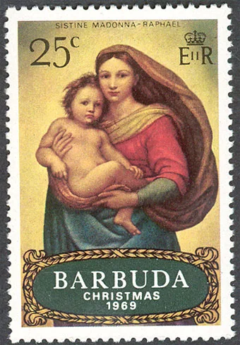 The Colors of Sistine Madonna on Stamps — original stamp illustration